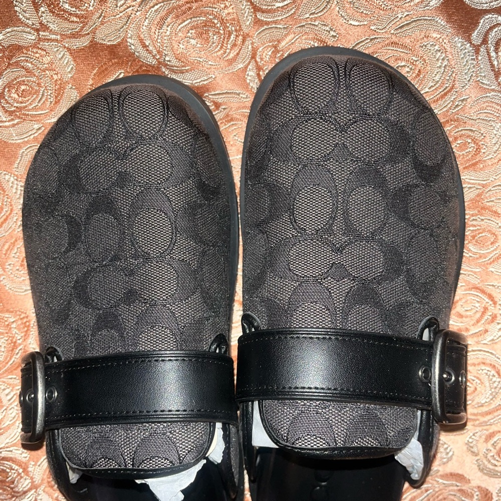 Coach Black and Gray Slippers with Monogram Pattern